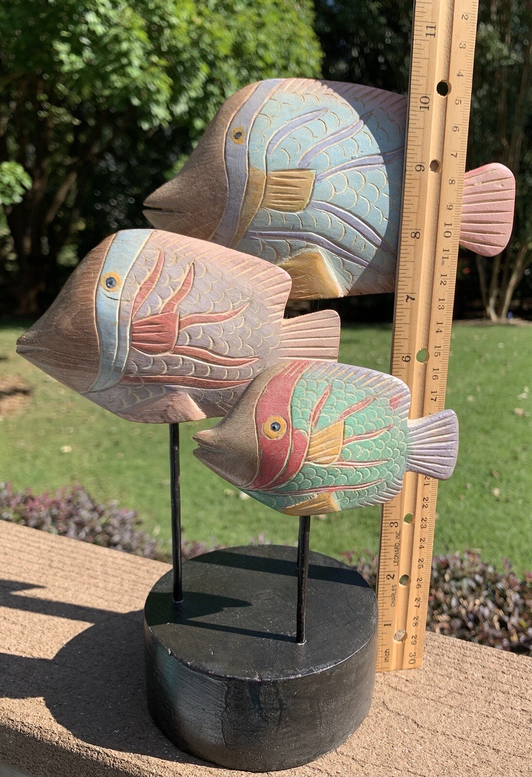 Vintage Handcarved 3 Pastel Wooden Fish Marine Figurine on Wood Base, Thailand