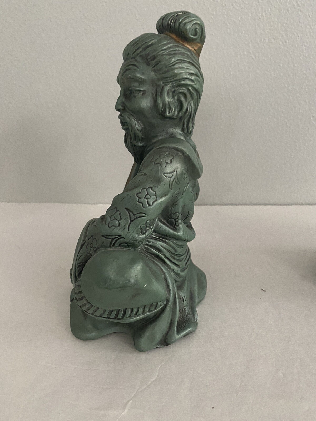 MCM Universal Statuary Corp Asian Couple Chalkware Green Figures 1962 Set of 2