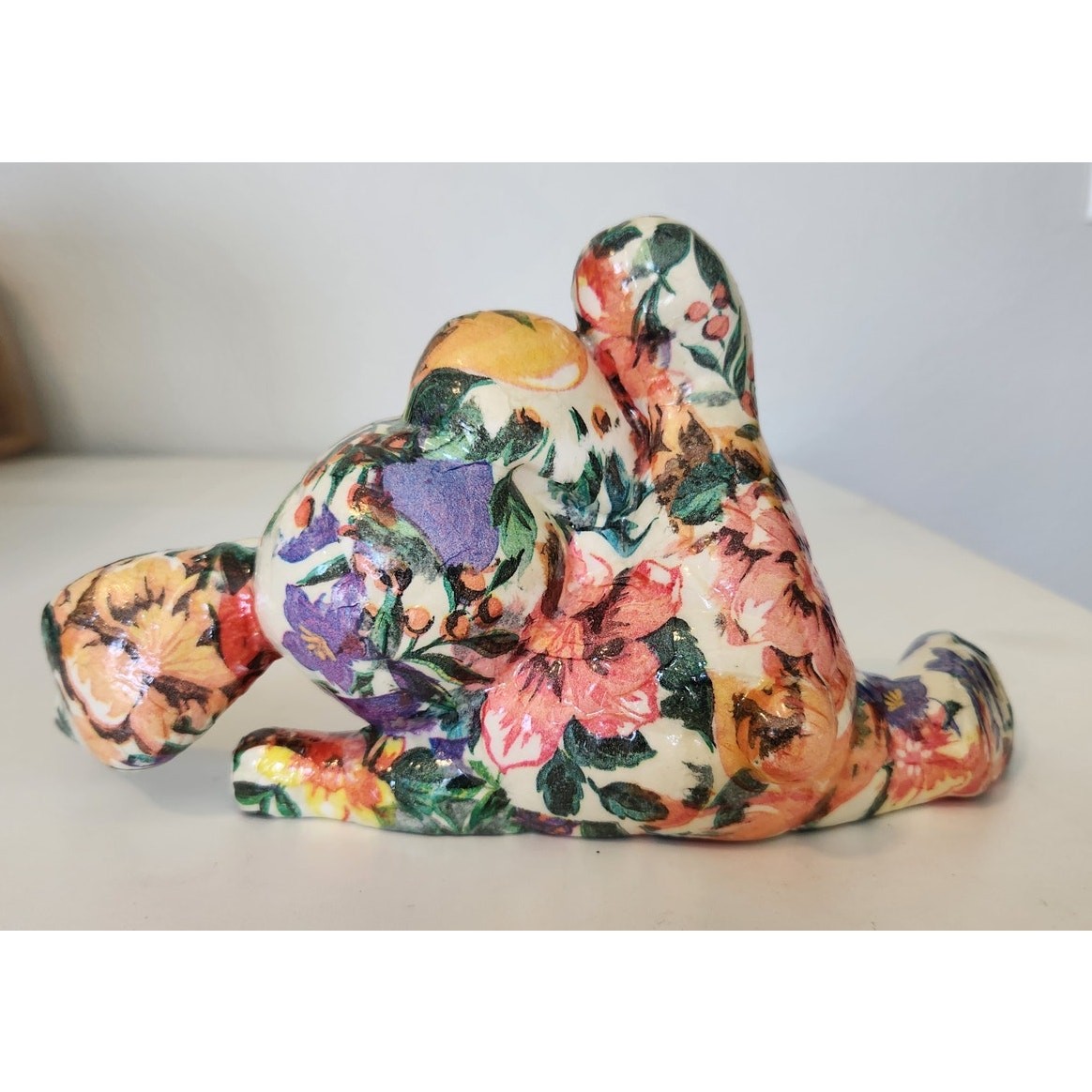 Decorative Ceramic Bunny Rabbit Figurine Dedoupage Floral Pattern Vibrant Colors