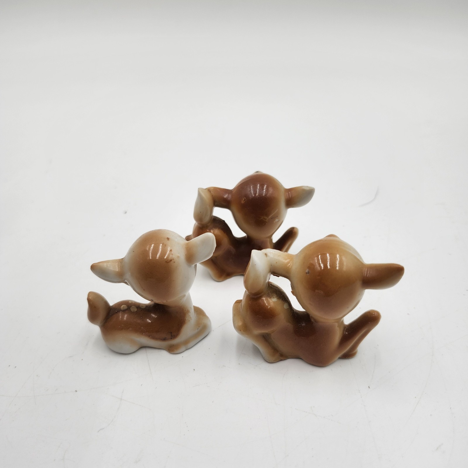 3 Vintage Ceramic Kitsch Anthropomorphic DEER Fawn Figurine w/ Big Eyes JAPAN