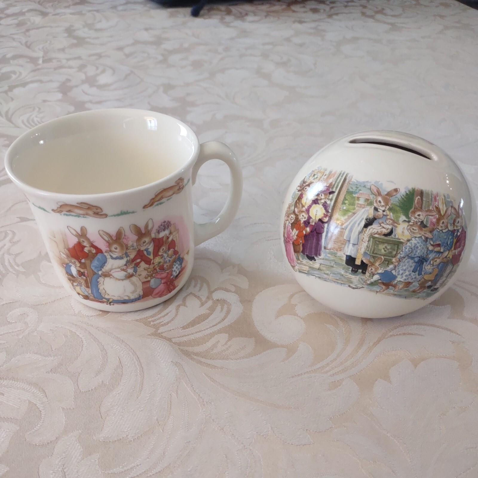 Vintage Bunnykins 1936 Royal Doulton New Arrival Cup & 1988 Christening Bank