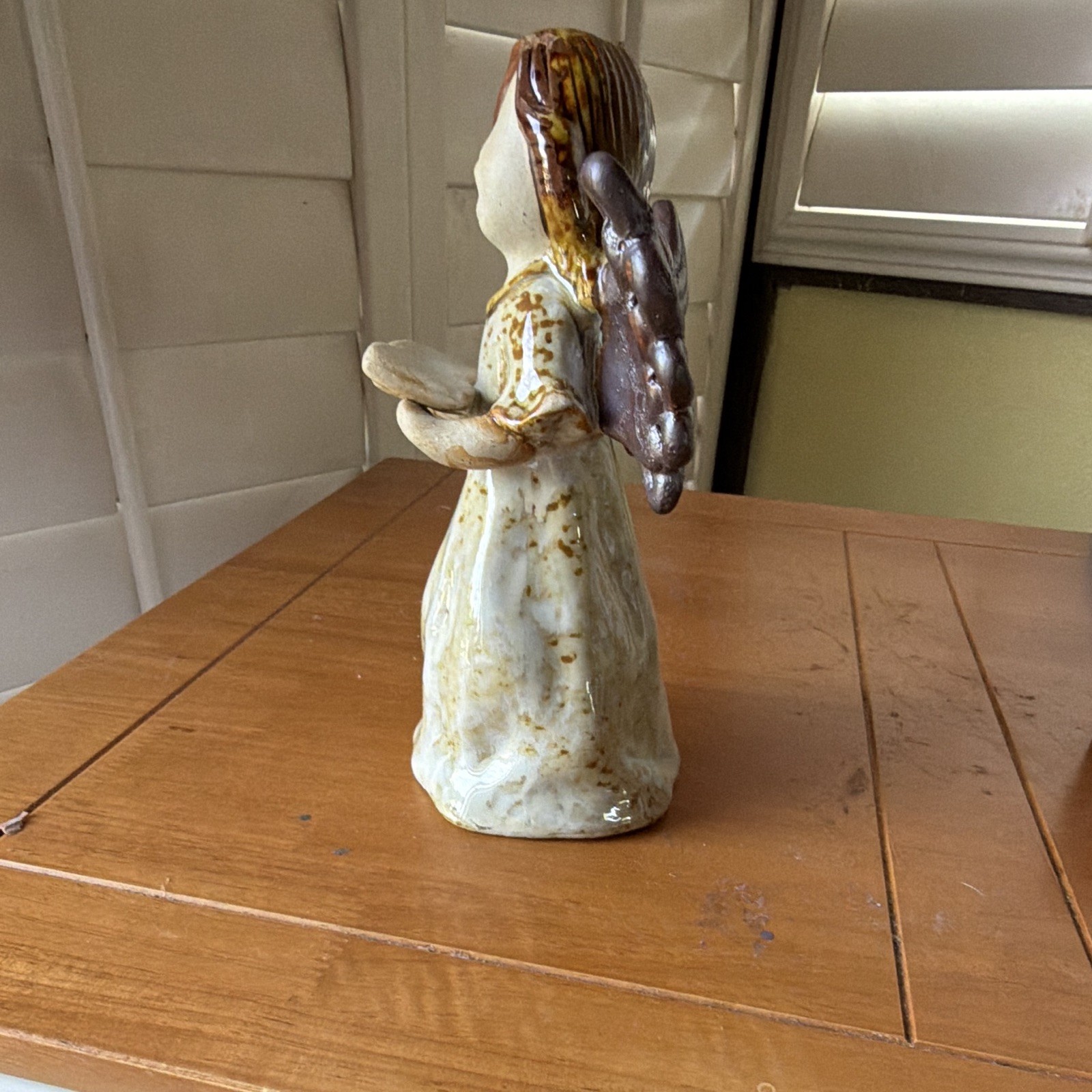 Hand Painted Glazed Ceramic Angel Figurine White Brown Gold Wings Book