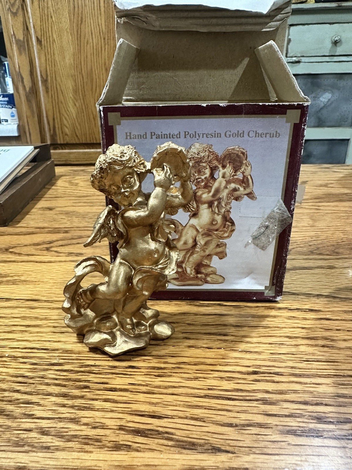 New Hand Painted Gold Polyresin Cherub Angel Religious Figurine w/ Box
