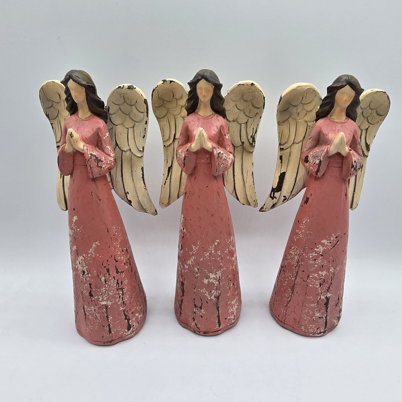 Set Of 3 Angel Figurines Pray Pink Praying Rustic Christmas Home Decor