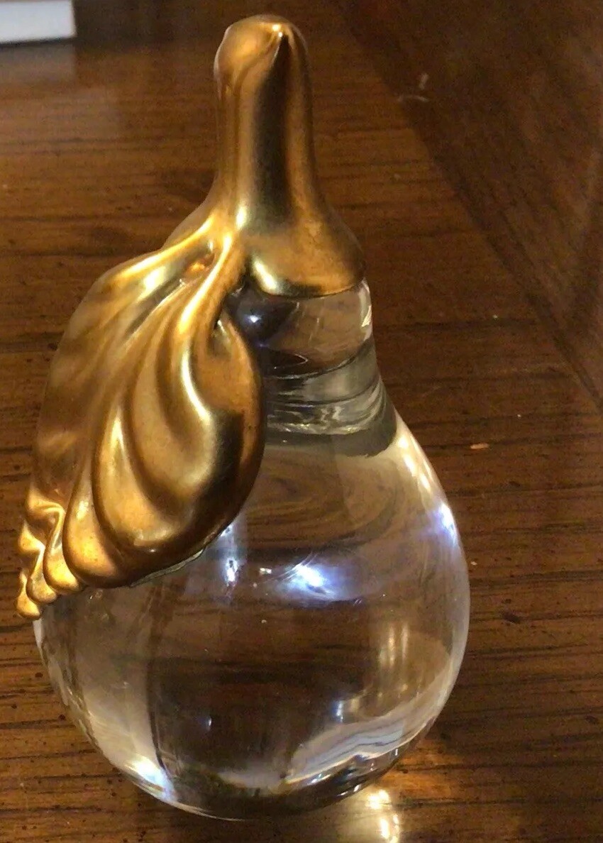 Crystal Pear With Gold Figurine. 4 inch height. Estate Sale. Very Heavy for Size