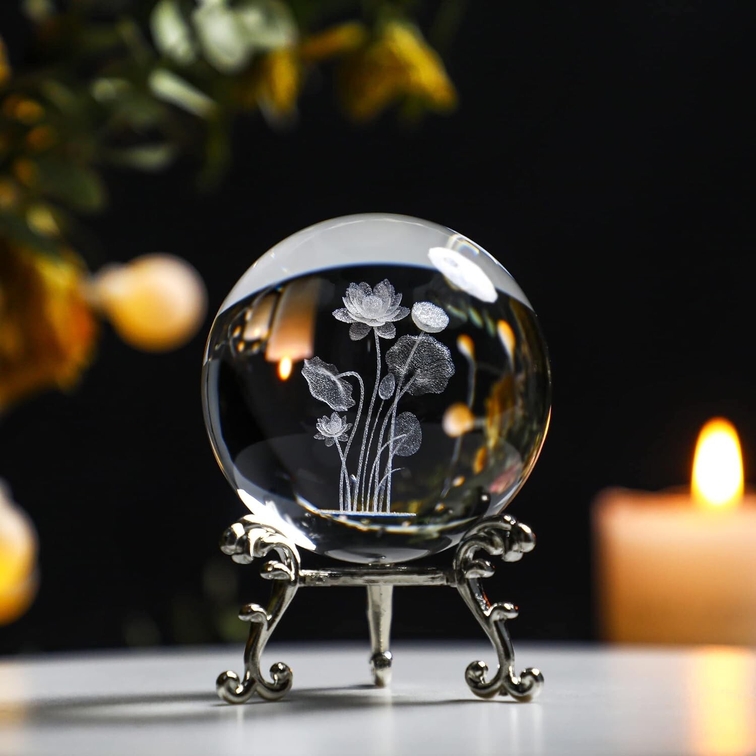 =3D Engrving Crystal Lotus Flower Figurine Crystal Ball 2.36 x 2.05 x 1.1 inches