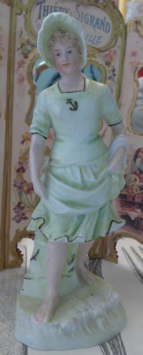 Antique 1880s Porcelain Figure Victorian era Girl at the beach Heubach Germany