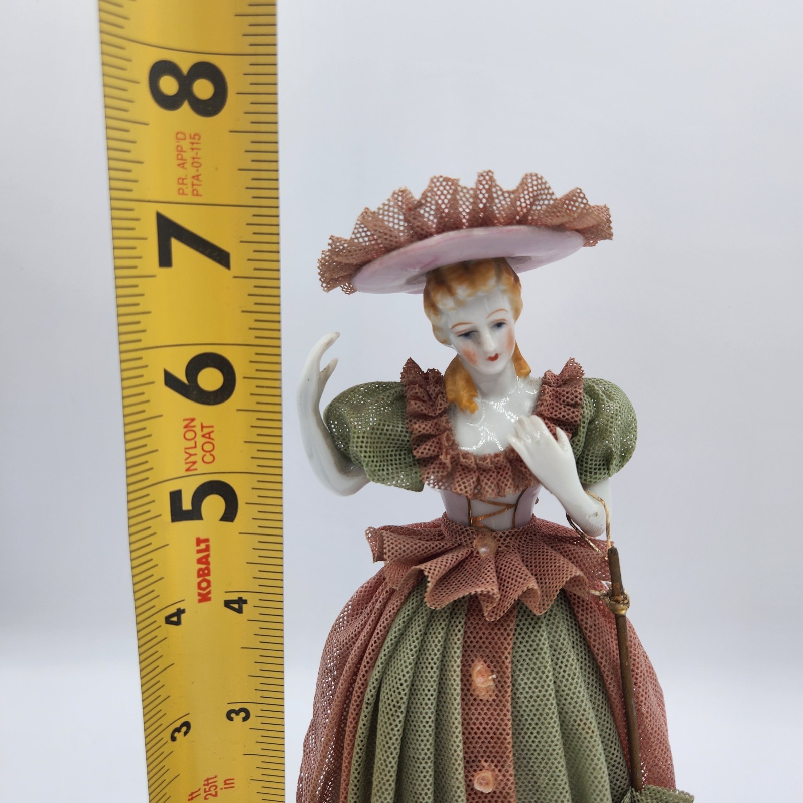 DRESDEN STYLE LADY With Hat & Parasol Umbrella Japan Starched Lace Victorian