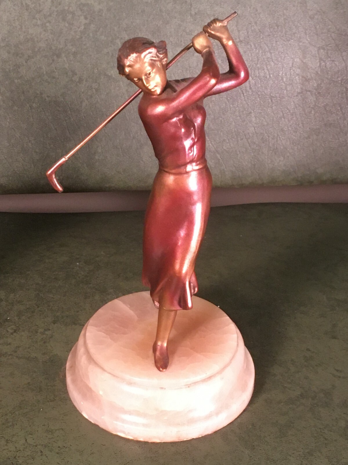 FABULOUS PAIR 1930’s ART DECO ANTIQUE GOLF STATUES PAINTED & MARBLE BASE GOLFER