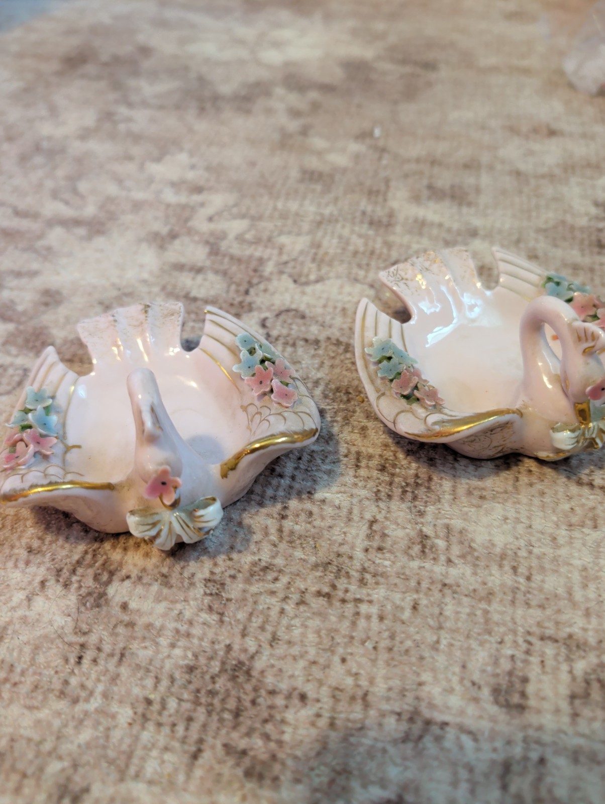 Vintage Norcrest D-316 Pink Swan Applied Flowers Ashtray Trinket Dish X2
