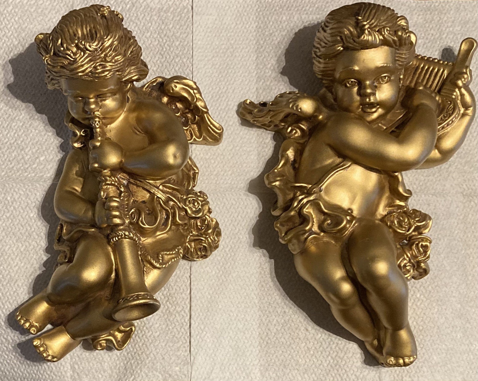 Universal Statuary 1965 Musical Gold Cherub Resin Wall Hanging Decor Set of 2