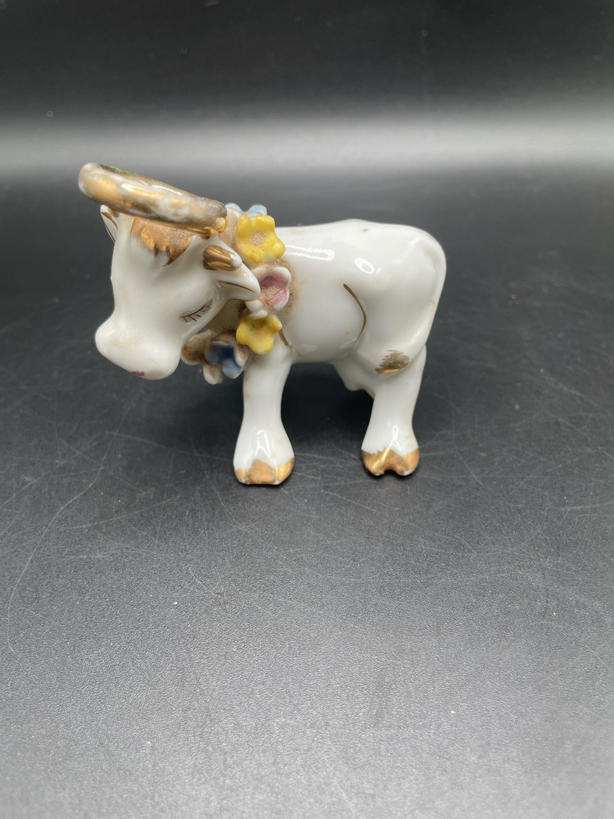 Vtg Made In Japan Cow With Halo And Flowers Figurine