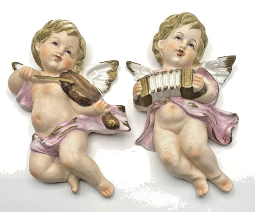 Vtg Japanese Hand Painted Bisque Porcelain Musical Cherub Wall Hangings # 3945