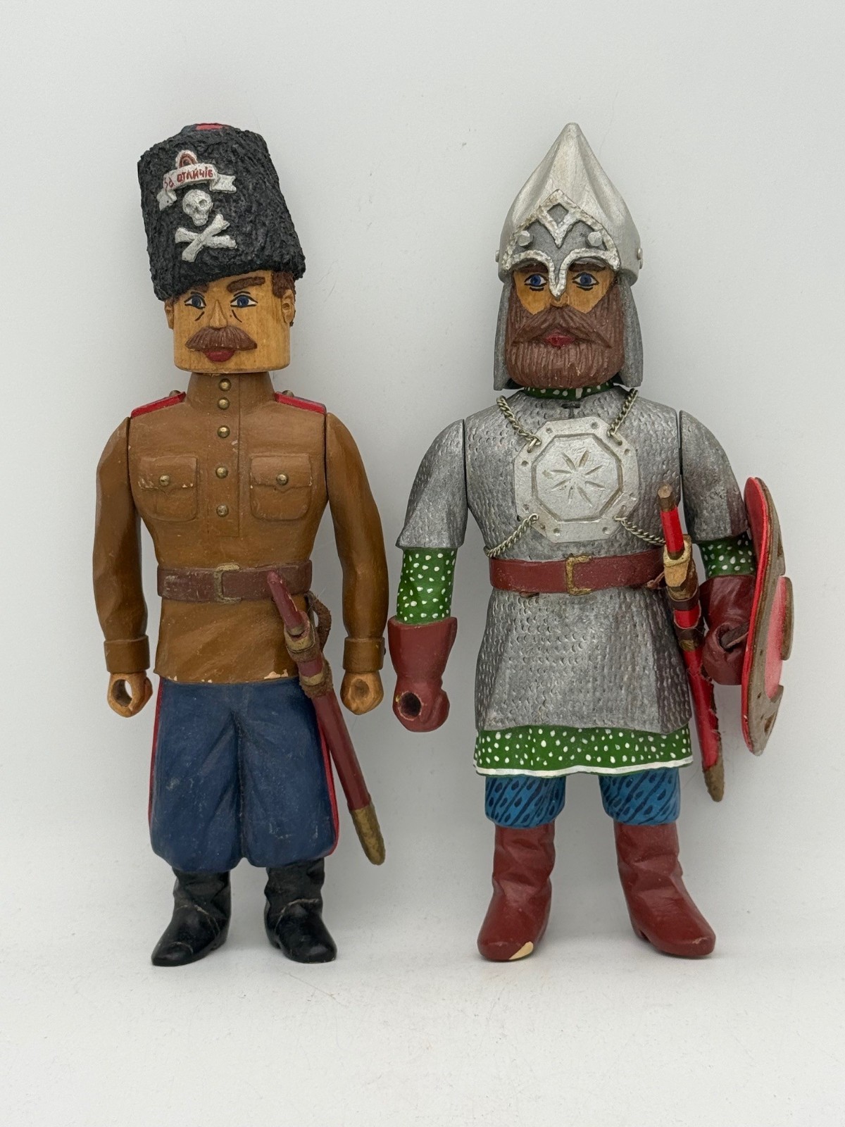 2 Bogorodsk Wooden Russian Soldier Cossack Toy Figure Knight 9.5″ Carving Signed
