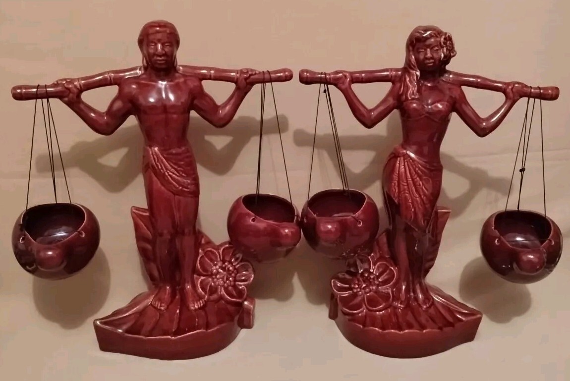 1950 Gonder Ceramic Arts ~ 13″ Male & Female Polynesian Water Carrier Figurines