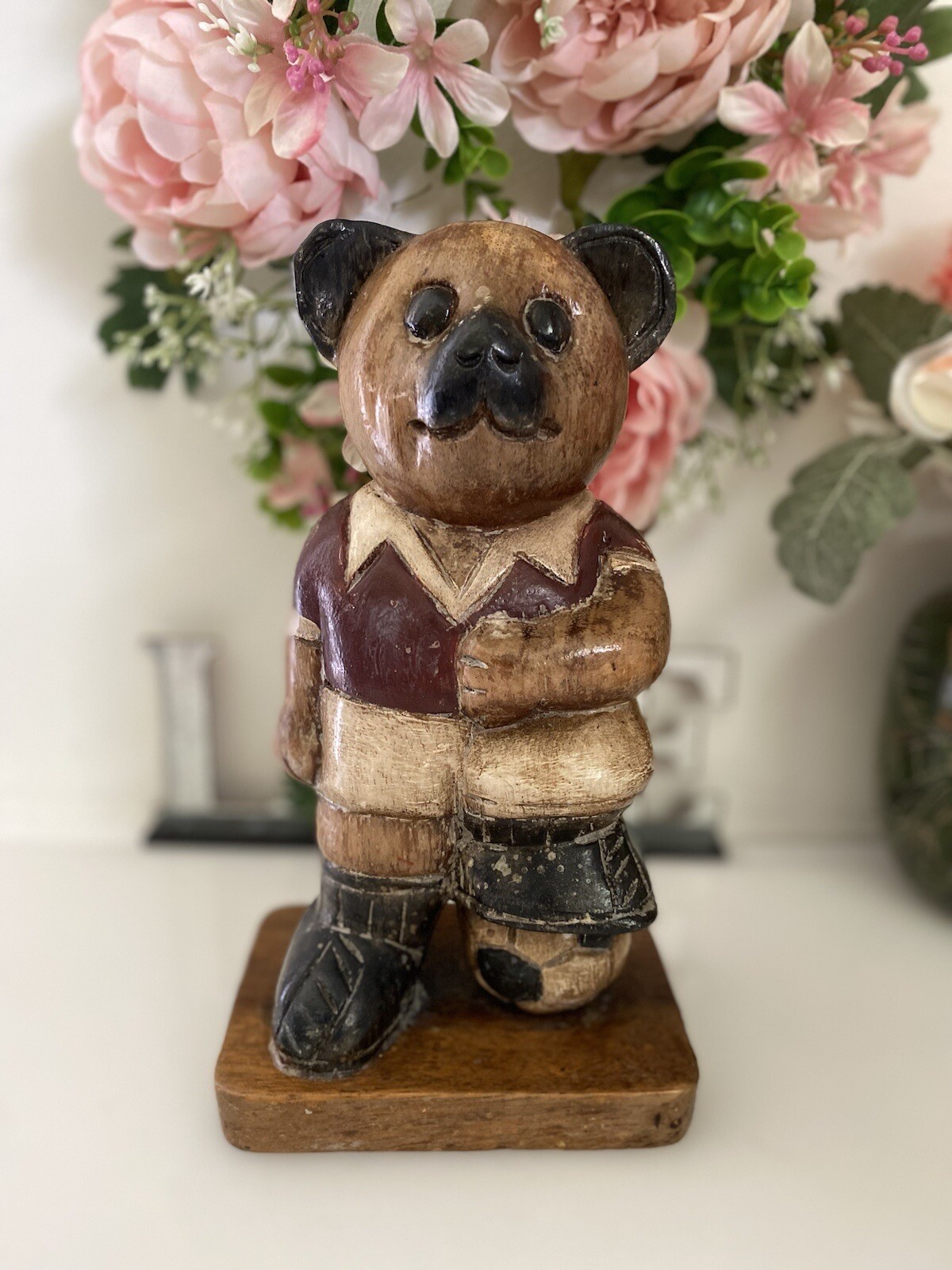 Wooden Bear Handmade Statue 10″ Soccer Teddy Bear Kids Room Vintage Figurine EUC