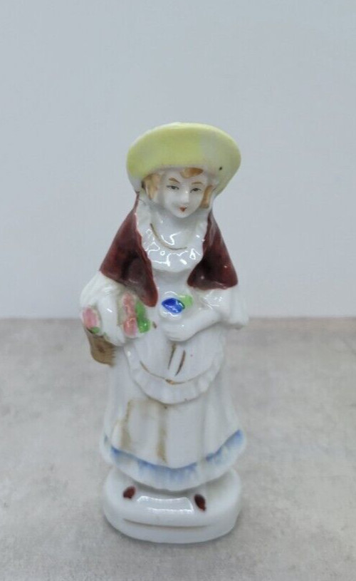 Japan Victorian Colonial Porcelain Figurine Woman Flowers Basket Hat Vintage 5″
