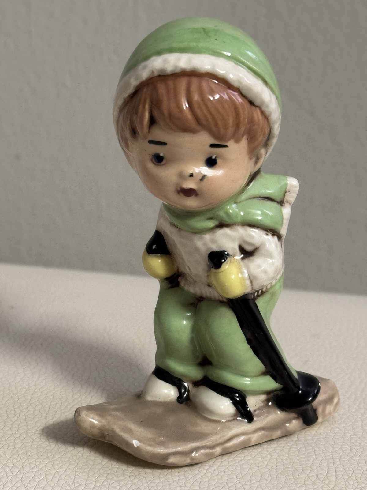Vintage ceramic figurine, Japan, 1950s Mid-century child skier figurine 4’’