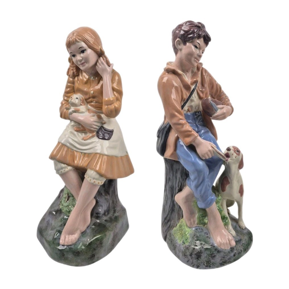 Vtg 1980 Ceramic Boy Girl & Dogs Pair Holland Mold Hand Painted Glazed Statues
