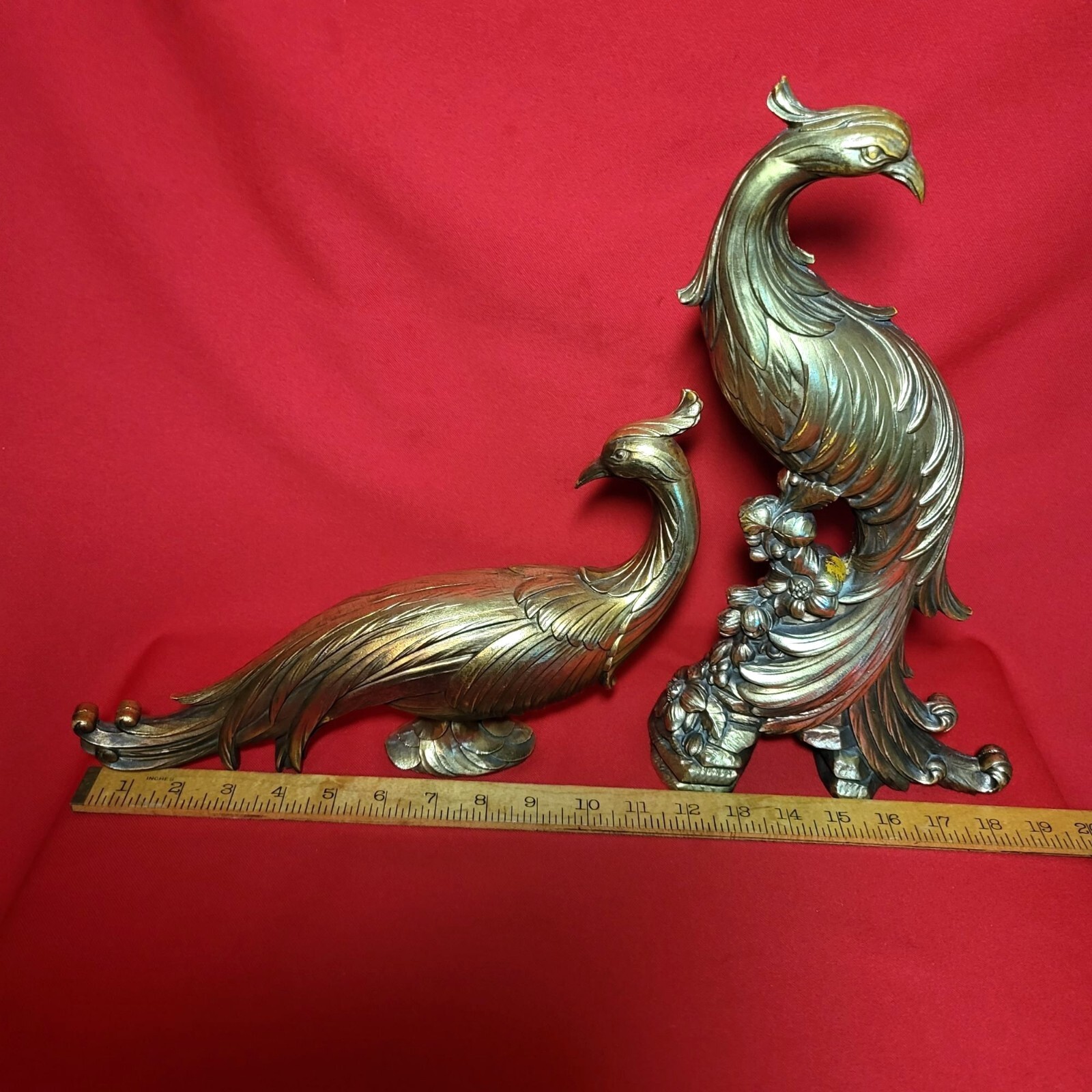 Vintage Syraco Gold Toned Pheasant Peacock Figurines Pair of Table Statuettes