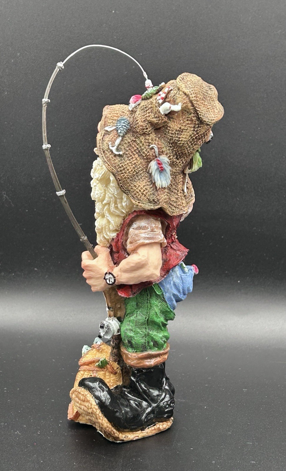Vintage 8.5” Resin Fisherman Gnome Figurine Gone Fishing With Rod And Reel