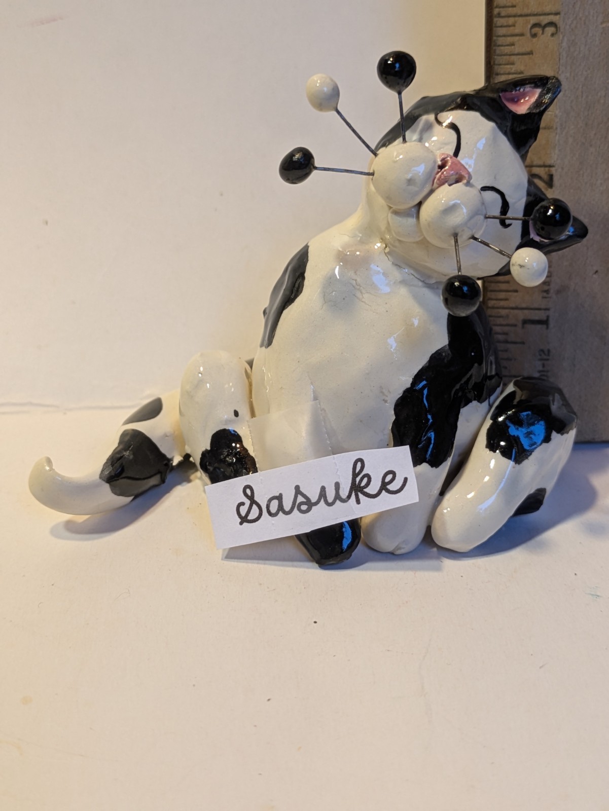 Curious Silly Black & White Cat Sasuke, WhimsiClay Original by Amy Lacombe
