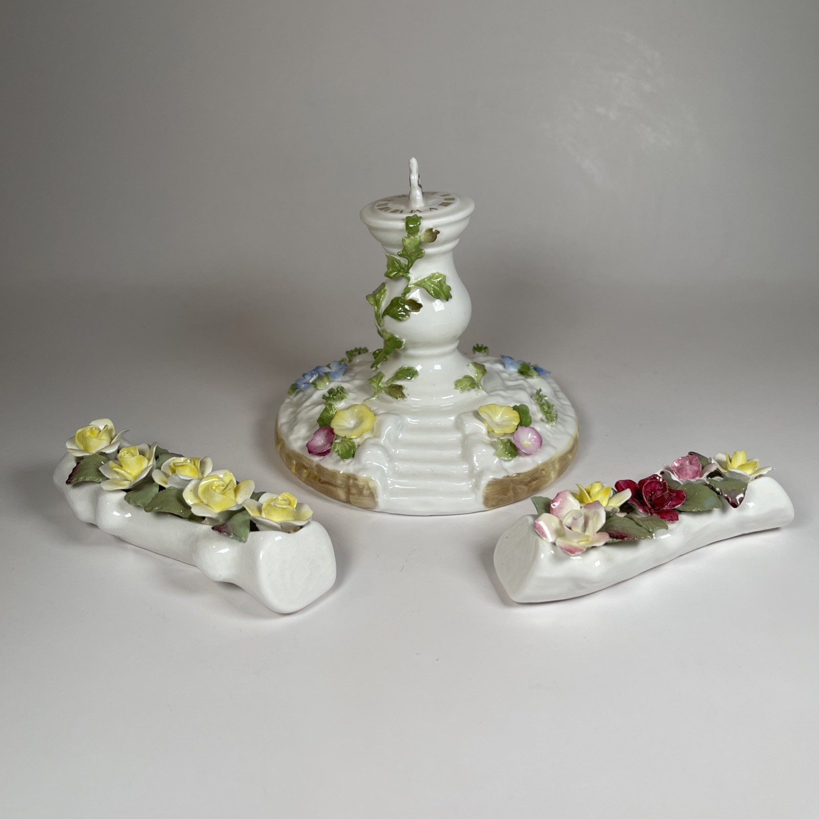 Vtg Fine Bone China Flowers In Log & Sundial Coalport England Staffordshire