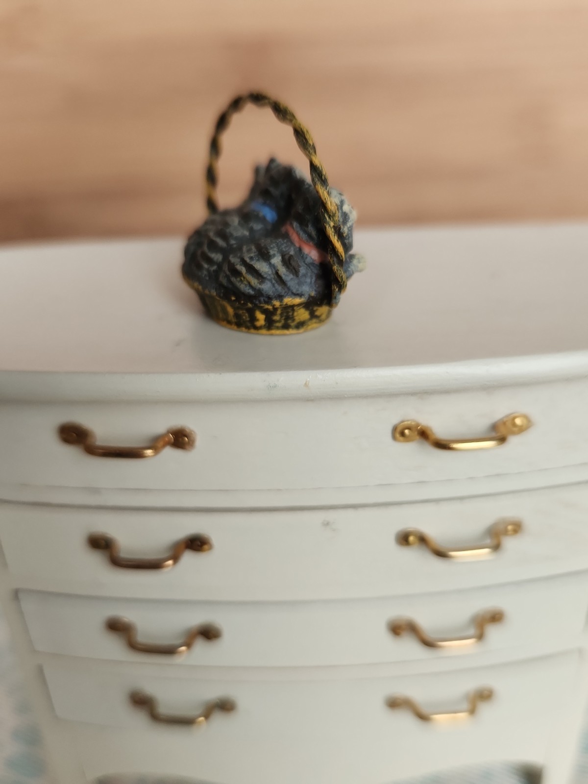 Viennese bronze miniature basket of three kittens Dollhouse Size Artisan