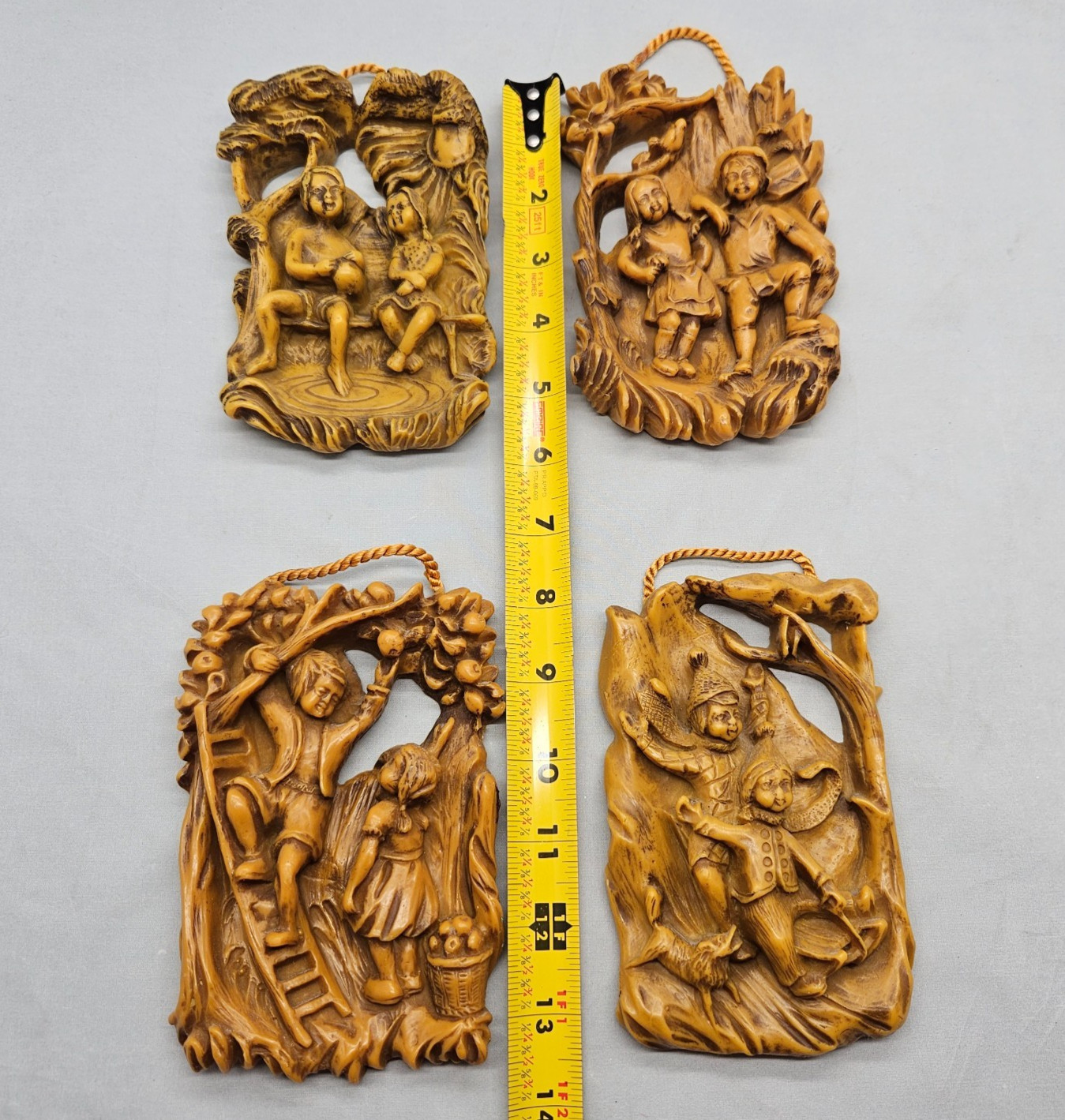 4 Vtg German Wax Relief Wall Decoration Boy & Girl Portraying Four Seasons Brown