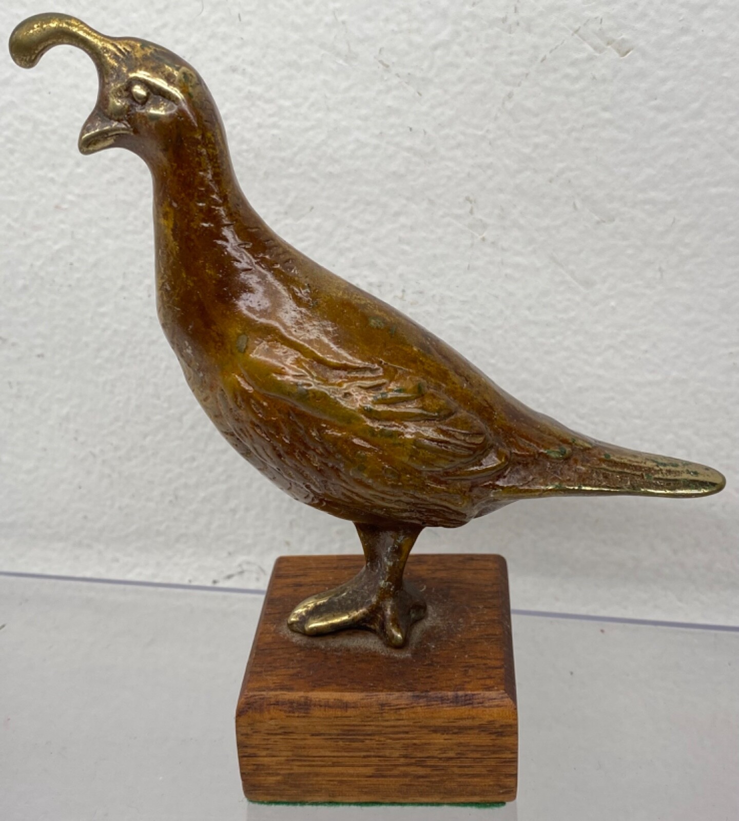 Antique Solid Brass Quail Figurine w/ Wood Base 5” Tall Metal Alloy Bird Statue