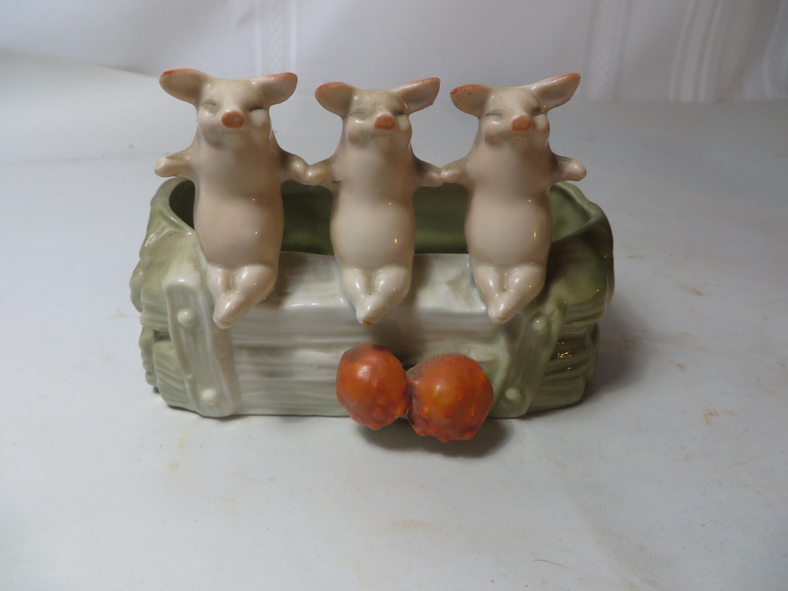 VERY RARE ANTIQUE GERMAN PIG FAIRING PIGS ON THE TROUGH WITH MUSHROOMS PLANTER