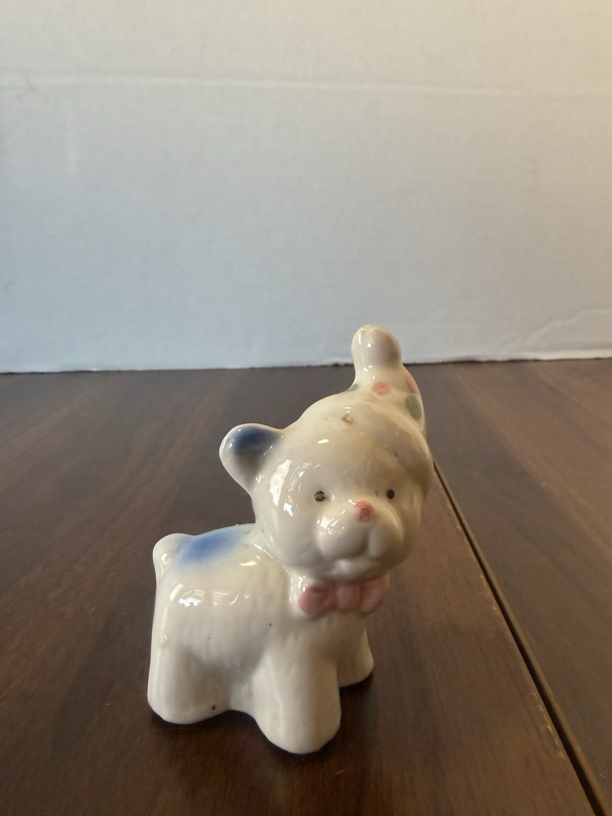 Porcelain Figurine Teddy Bear Birthday Party Hat Bow Tie Baby Boy Blue 1.5″