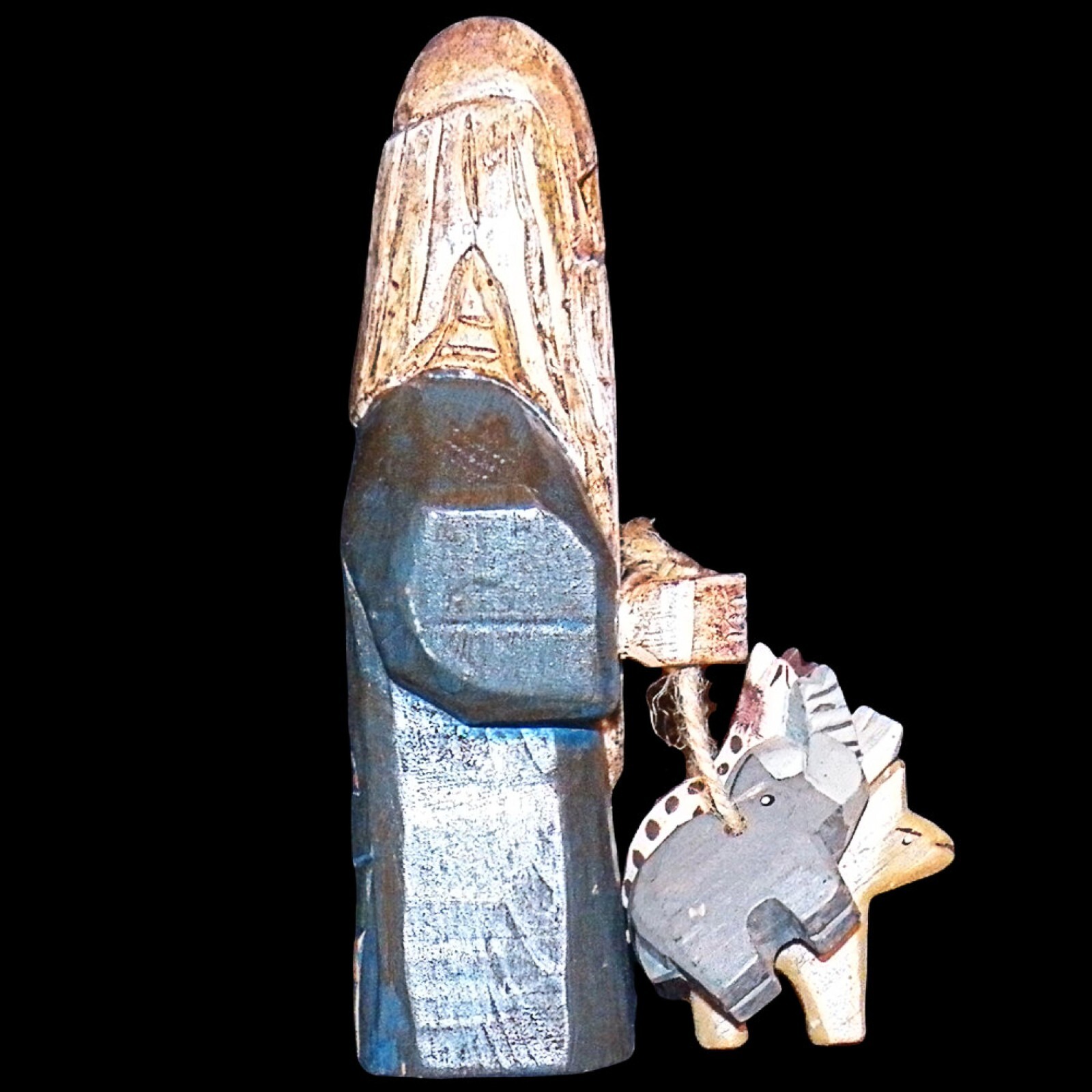 Carved Wooden Folk Art Noah with Animals Giraffe Rhino Camel Elephant 7.25 inch