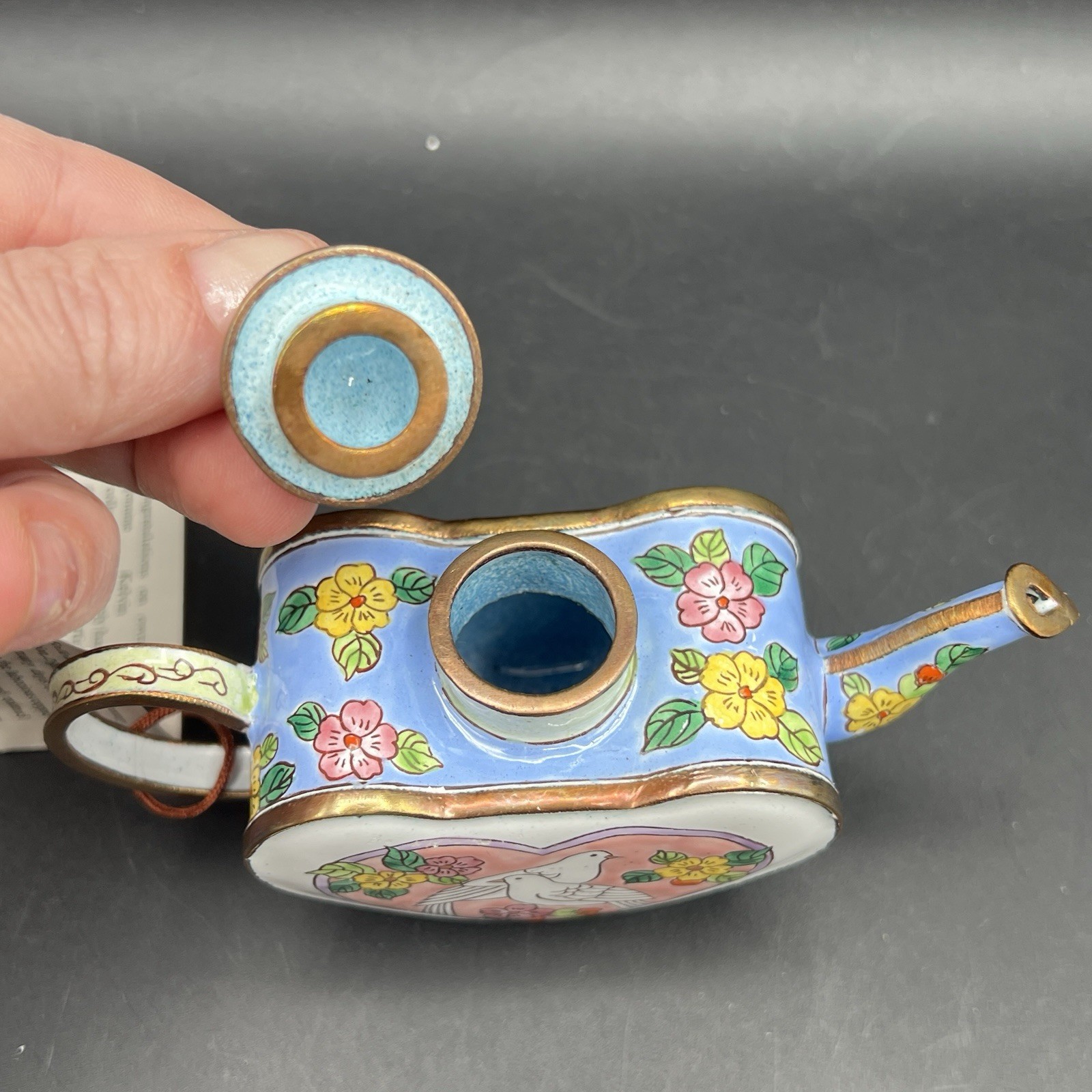 Kelvin Chen Enamel Copper Heart Teapot #240 Doves Love Birds Hand Painted 1999