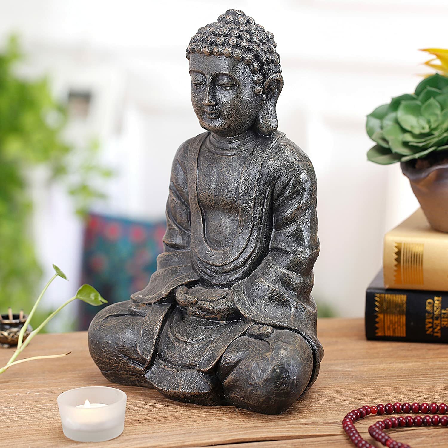 MyGift 12 inch Meditating Seated Buddha Statue Figurine with Rustic Gray Finish
