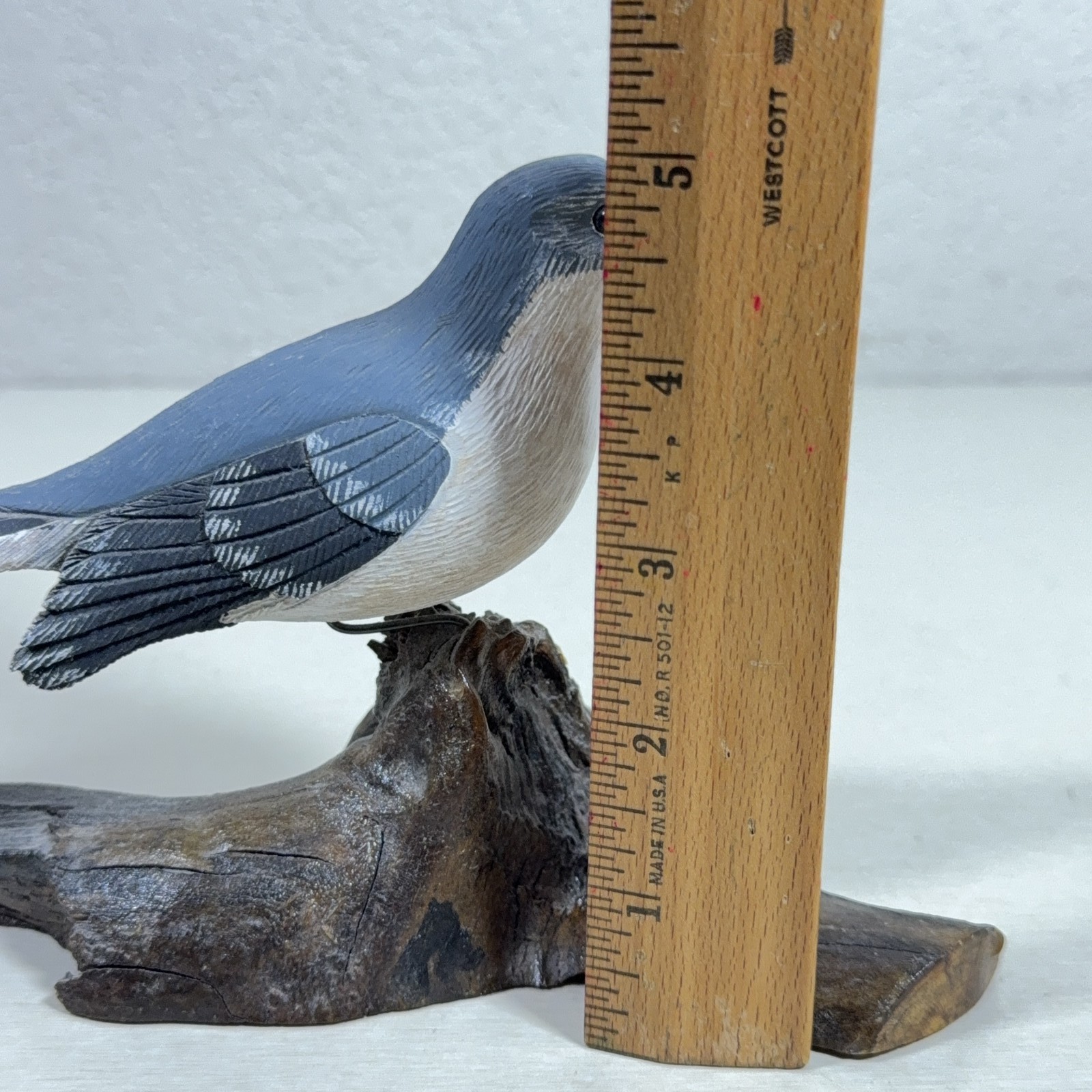 Hand Carved & Painted Blue-Gray Songbird Figurine on Natural Wood Base 7.5″