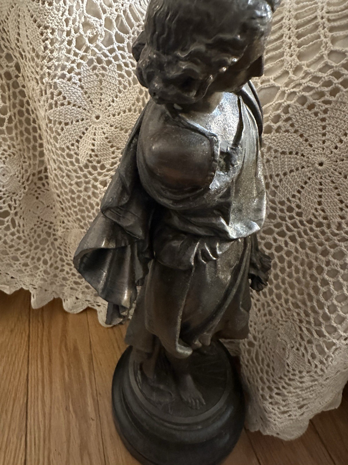 Beautiful Antique Bronze Statue Woman Flowers Heavy 17″ As Is ** Missing Arm