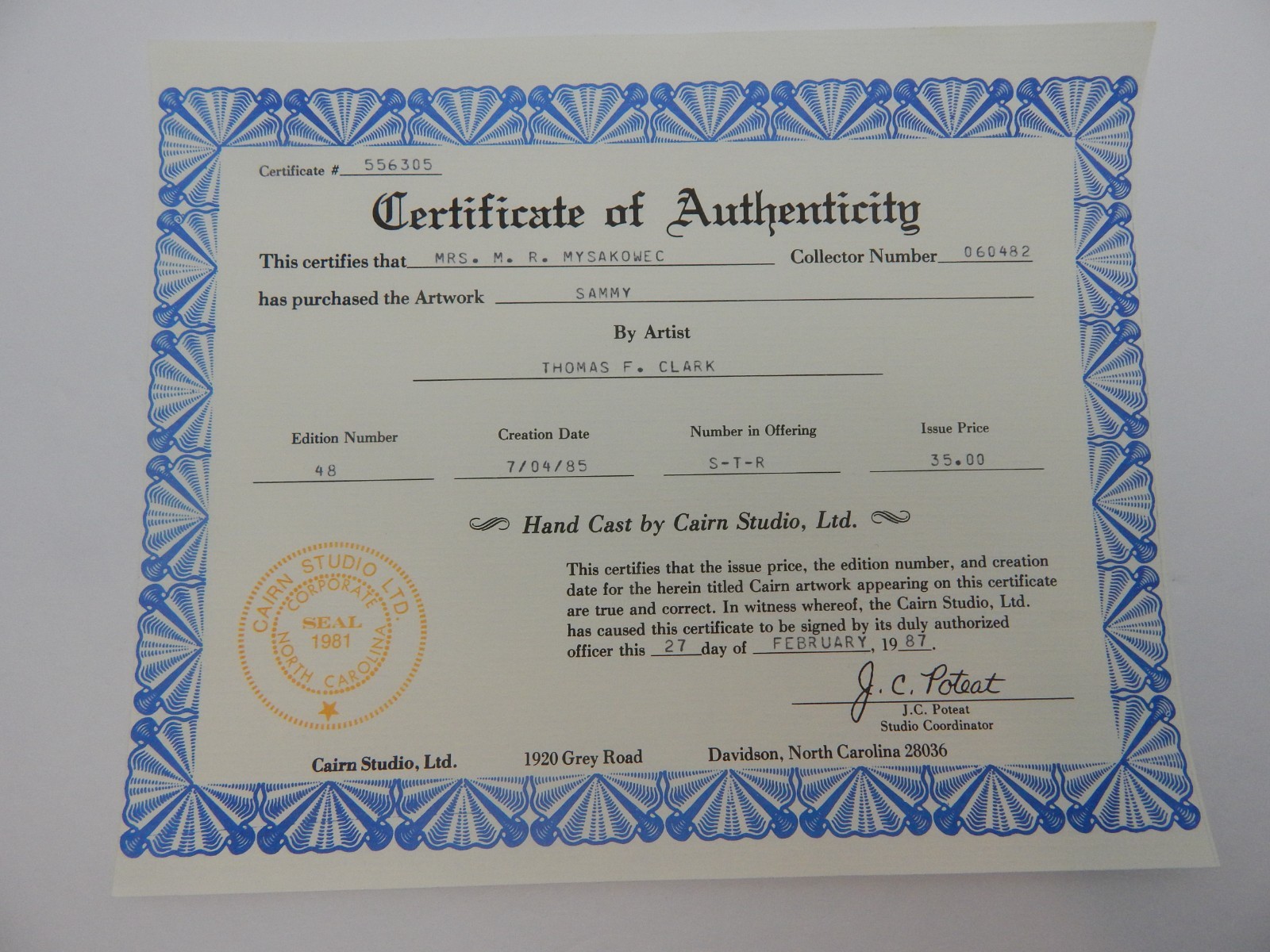 Sammy Tom Clark The Cairn Studio Edt#48 1985 COA July 4th Independence Day (78
