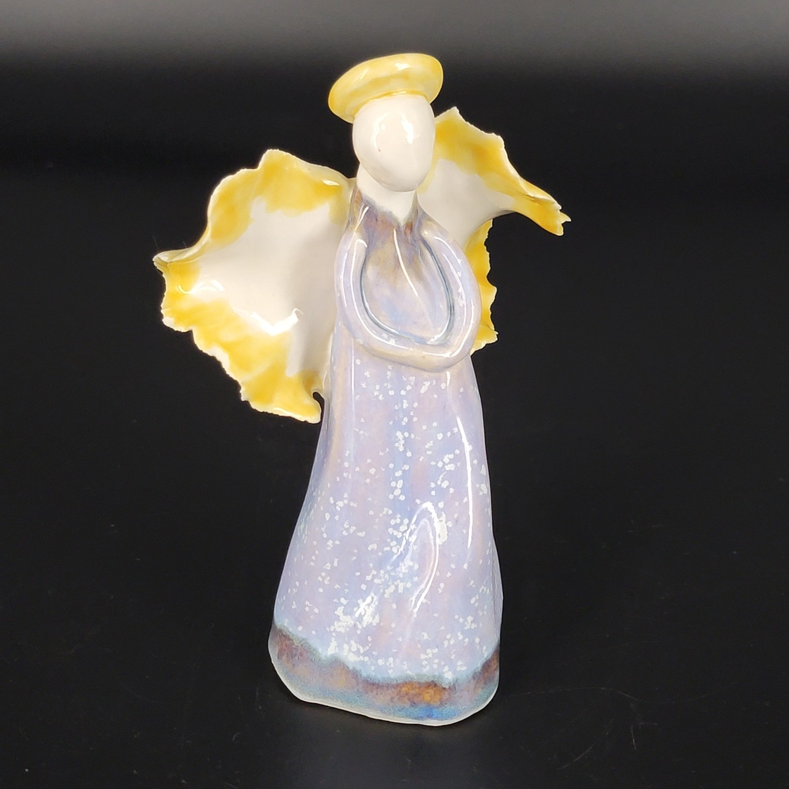 Hand Crafted Pottery Angel Figurine Free Standing 5.5″ Tall Blue Yellow