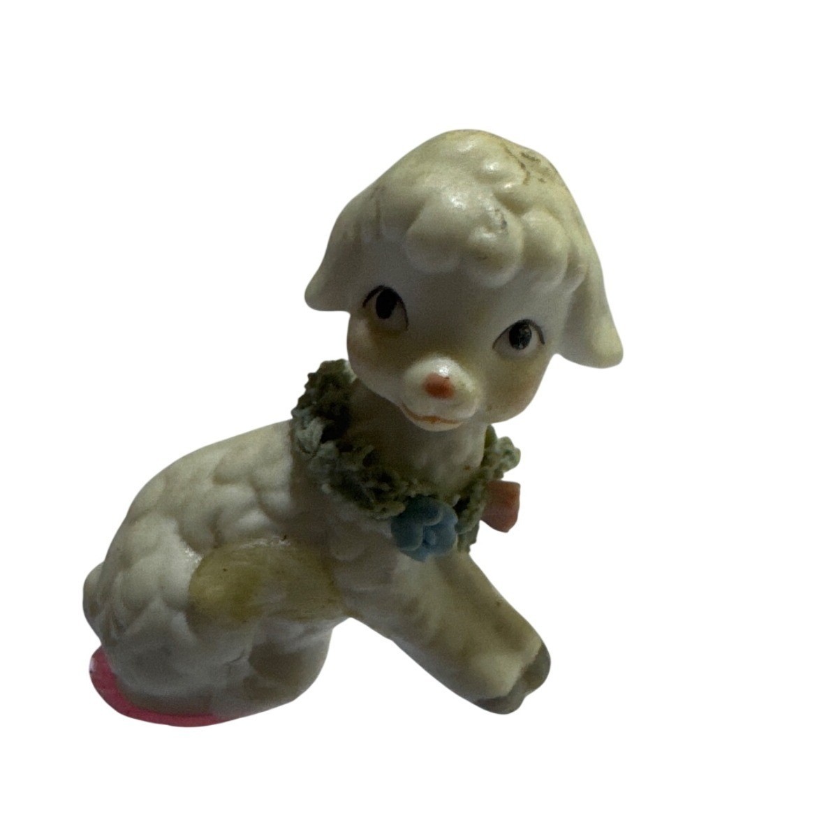 Vintage Porcelain Lamb Figurine Adorned With Floral Garland Collectible Sheep