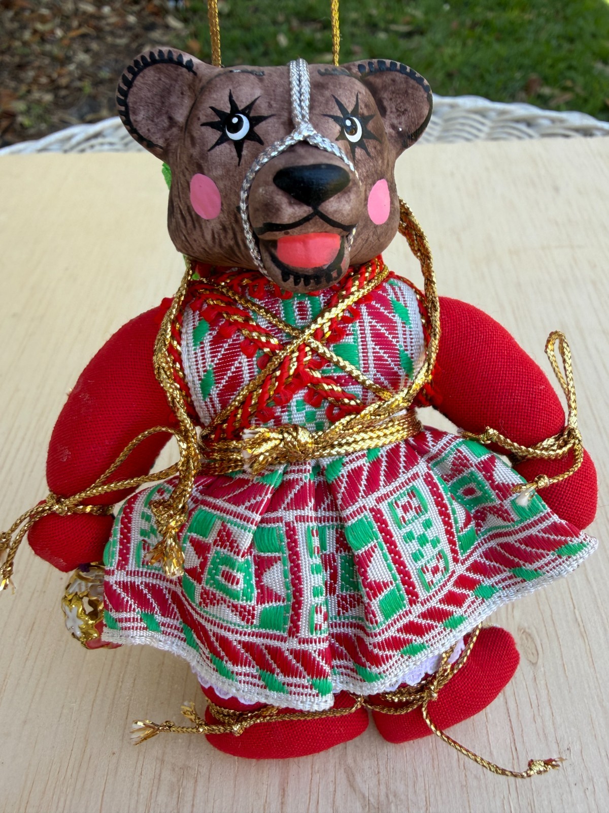 Russian Bear Ornament Hand Painted 4” Traditional Porcelain Face Colorful Dress!