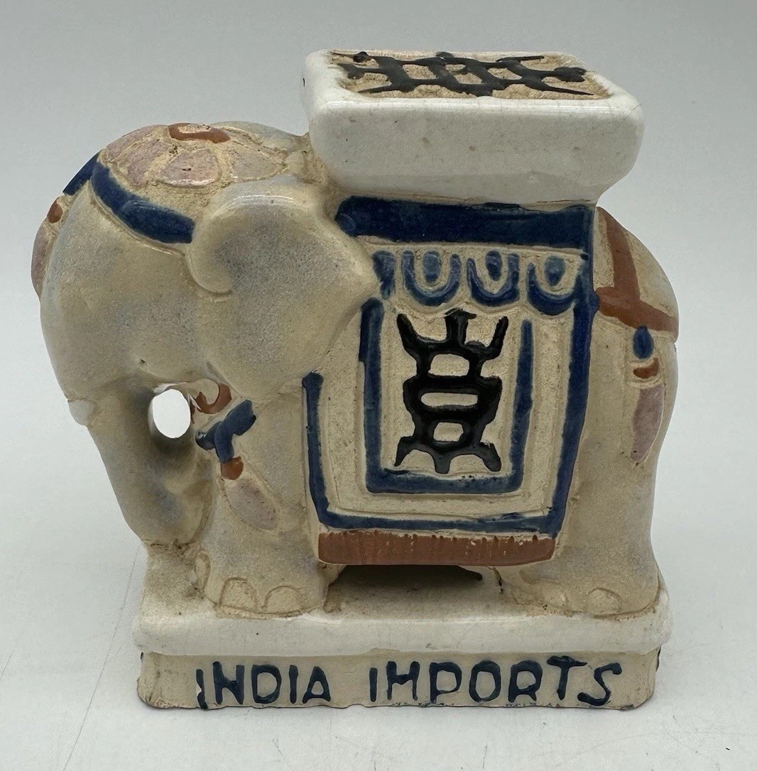 Vintage Glazed Ceramic 4” Elephant India Imports Cream, Brown & Blue Tones