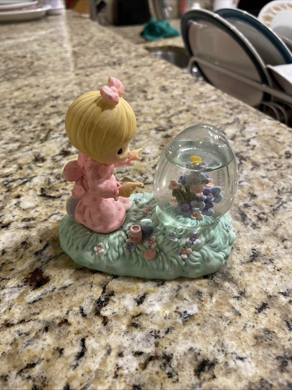 Precious Moments Enesco 1997 Girl Painting Easter Egg Shaped Snow Globe Figurine