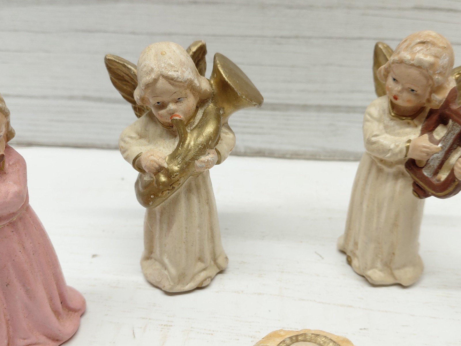 Vintage Set of 6 Angels Playing Instruments Resin? Made in Germany US Zone AS IS