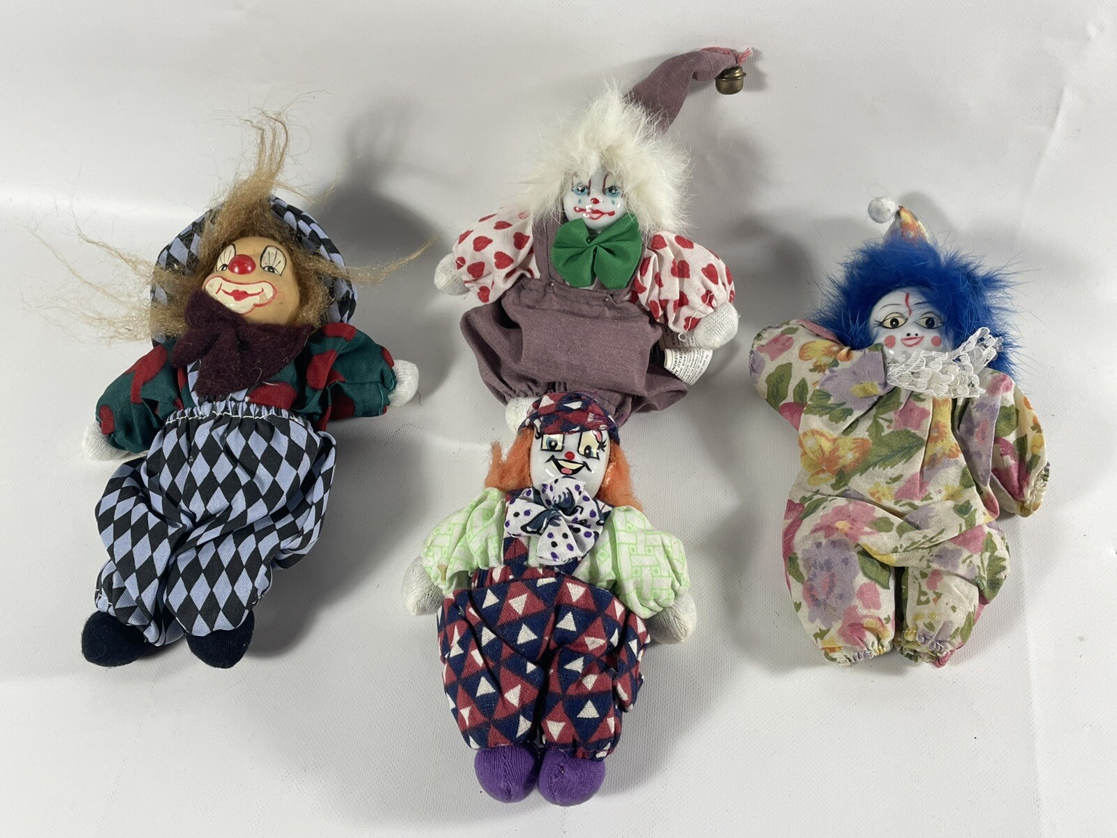 VTG Q-Tee Clown Porcelain & Fabric Handmade Doll Sand Filled Shelf Sit Lot Of 4