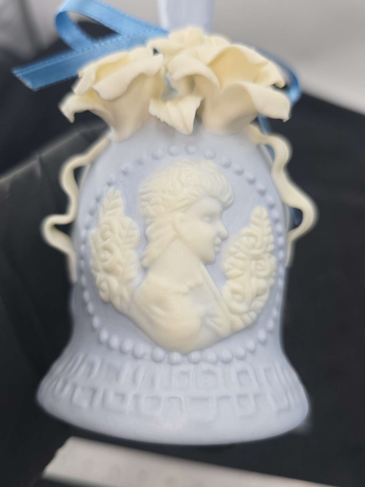 Light Blue Jasperware Bell Bisque Porcelain Ivory Cameo Lady & Roses 5.75” VTG