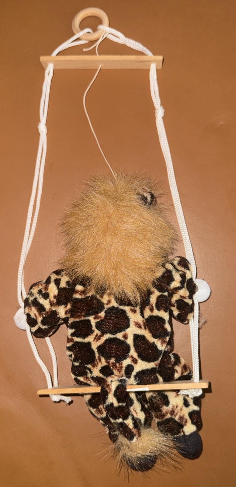 Vintage Marionette Porcelain Faced 8″ Cat Clown Puppet on Swing ~ Leopard Print