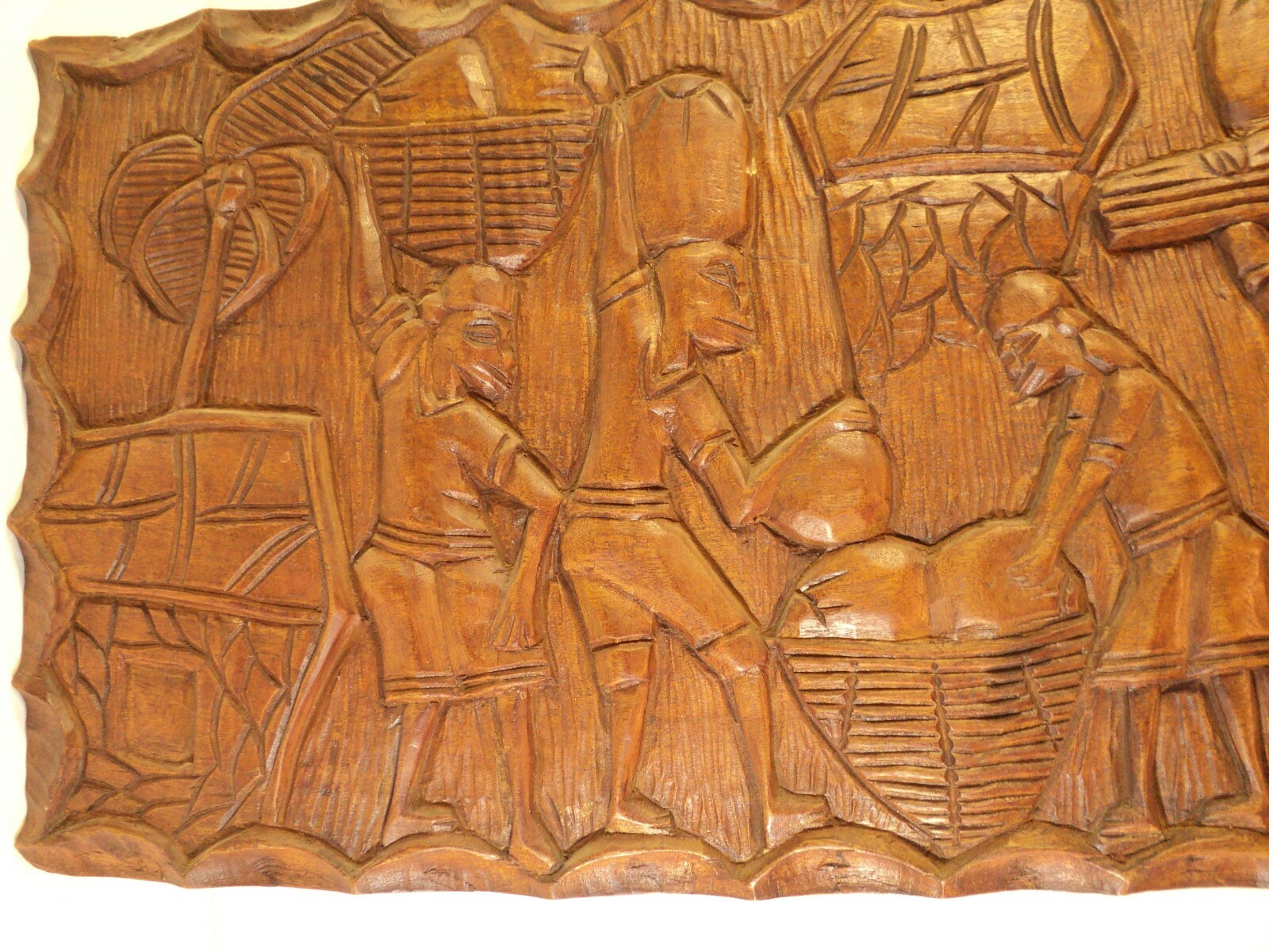 Vintage Hand Carved Wooden Market Scene. 23X13 inches. Islanders