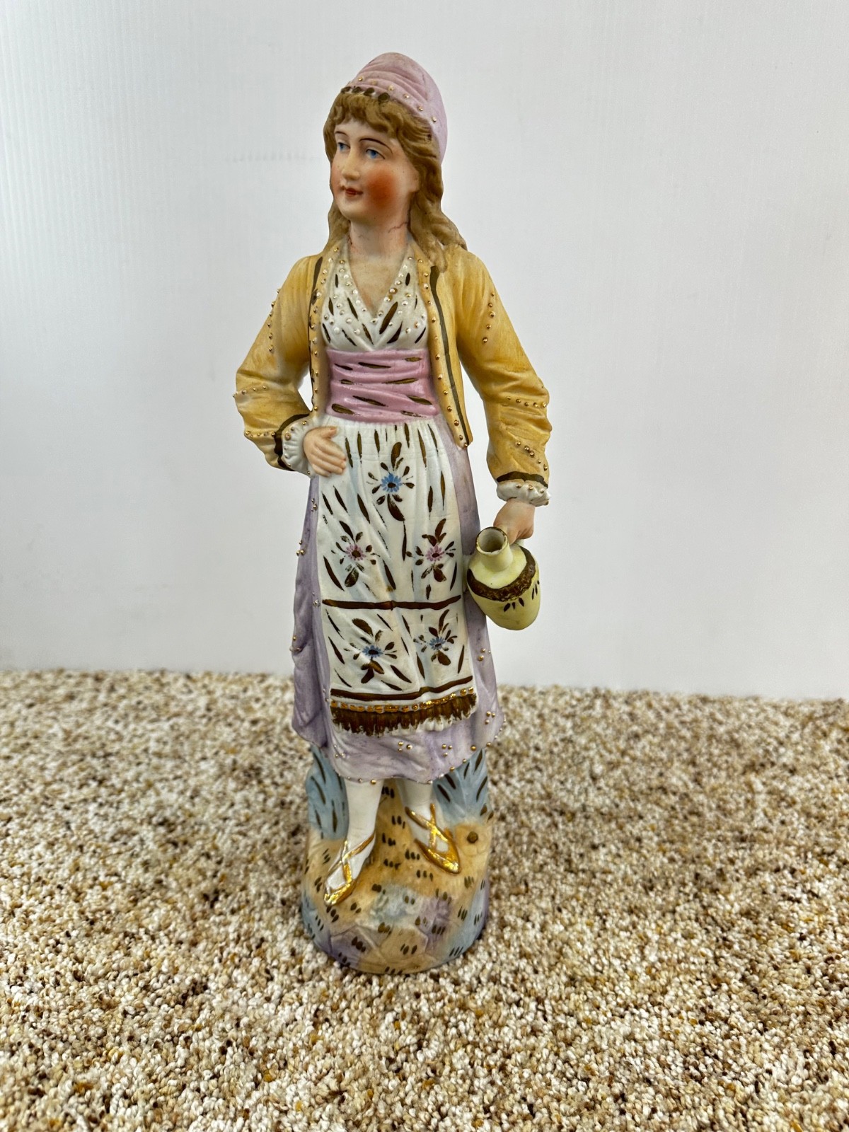 Antique Porcelain Bisque Woman With Jug Figurine 13 1/4″ Tall (A)