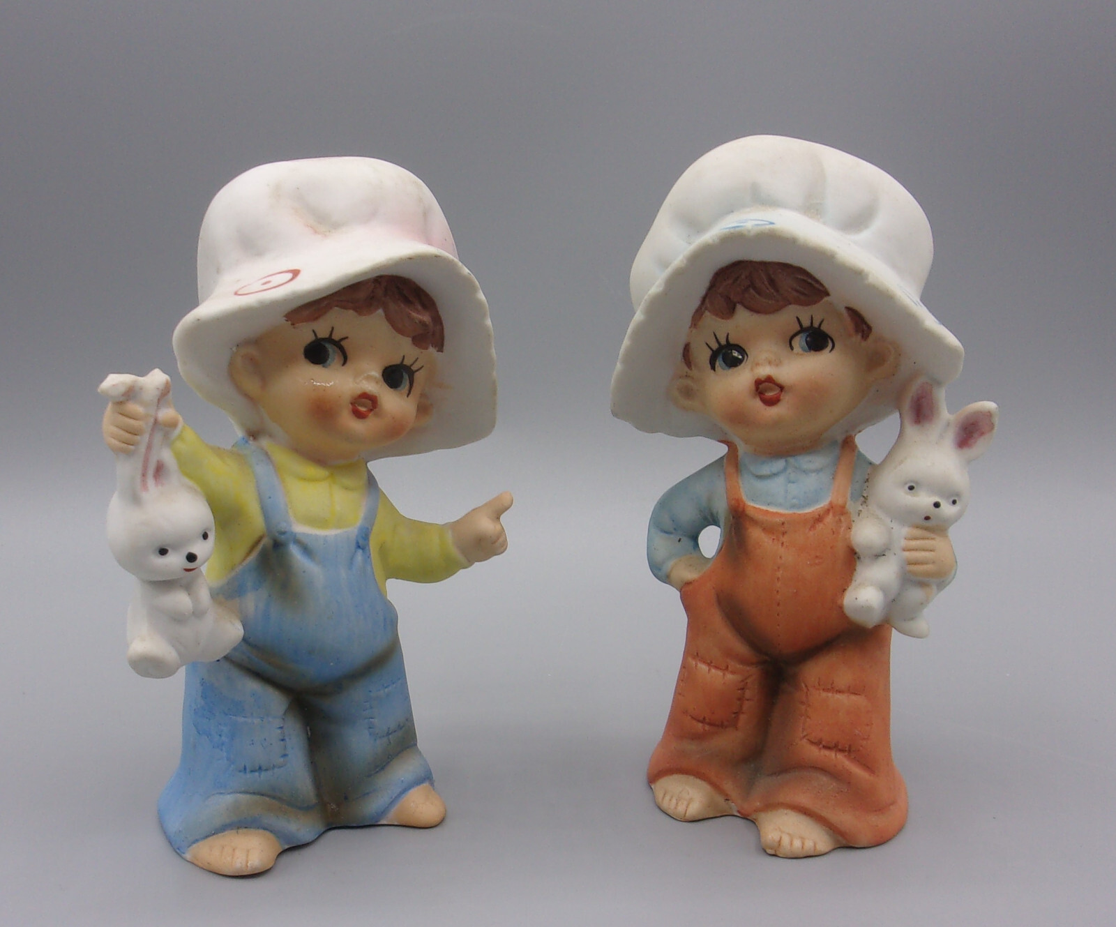 Vintage Norleans Porcelain Boy Girl Figurines W/ Hats & Overalls Bunnies Japan